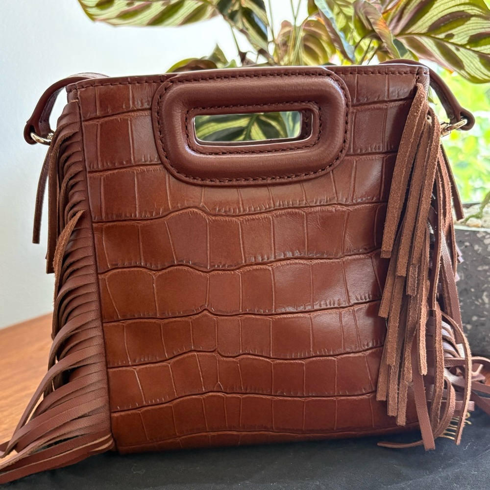 Maje Chocolate Croc-Embossed Fringe Mini Bag - Picture 2 of 5